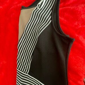 Maya Brooke Asymmetrical Black and Tan Striped Dress